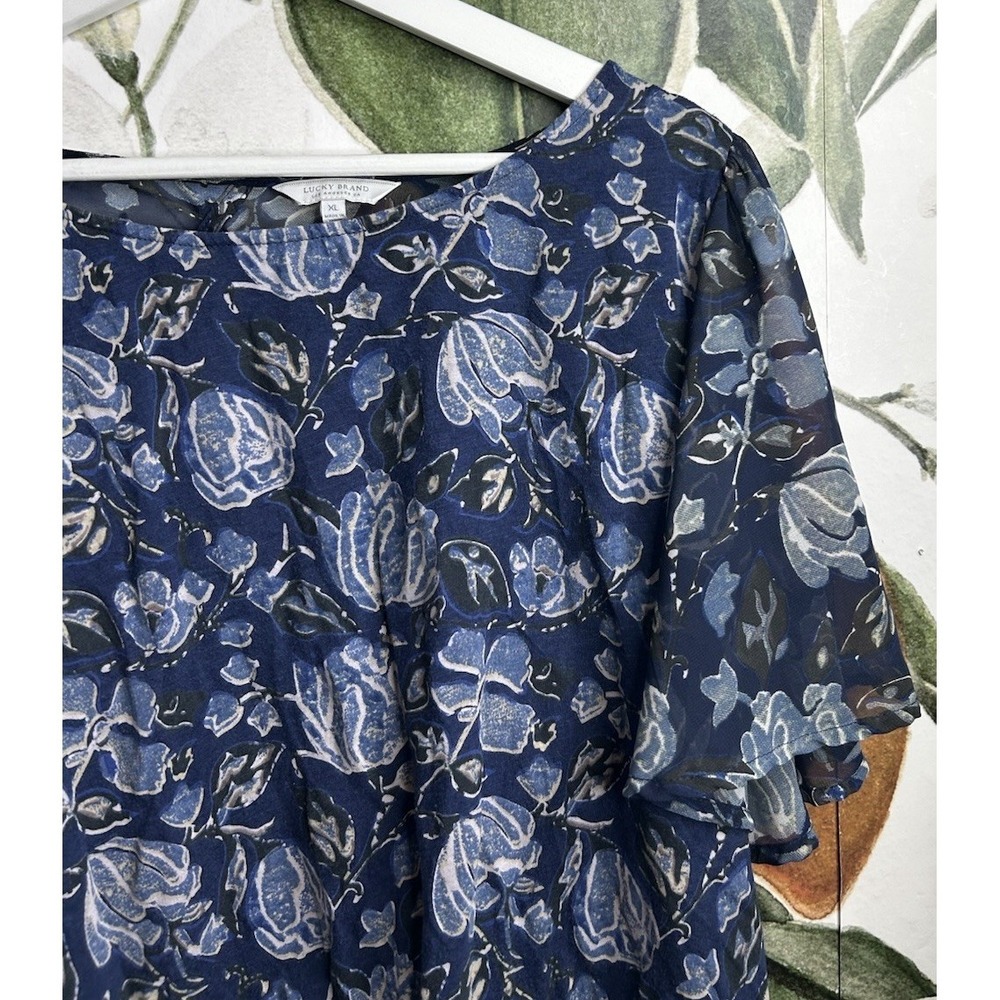 Lucky Brand XL Blue Floral Blouse Open Back Sheer Sleeve Boho Top - Picture 3 of 5